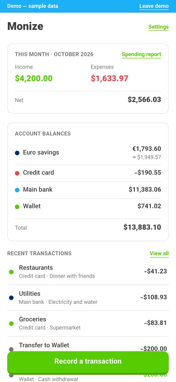 The home screen, with account balances and this month's income and spending